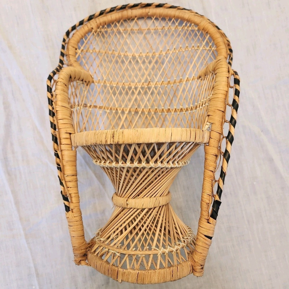 Vintage Wicker Peacock Chair 16 Inch Tall Boho Decor Rattan Doll Or Plant Stand
